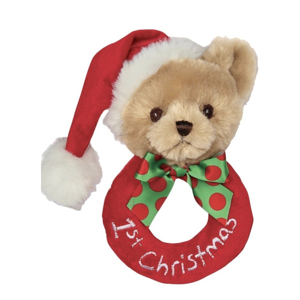 Bearington Babys‎ 1st Christmas Bear Mini Plush Soft Rattle Ring Stuffed Animal